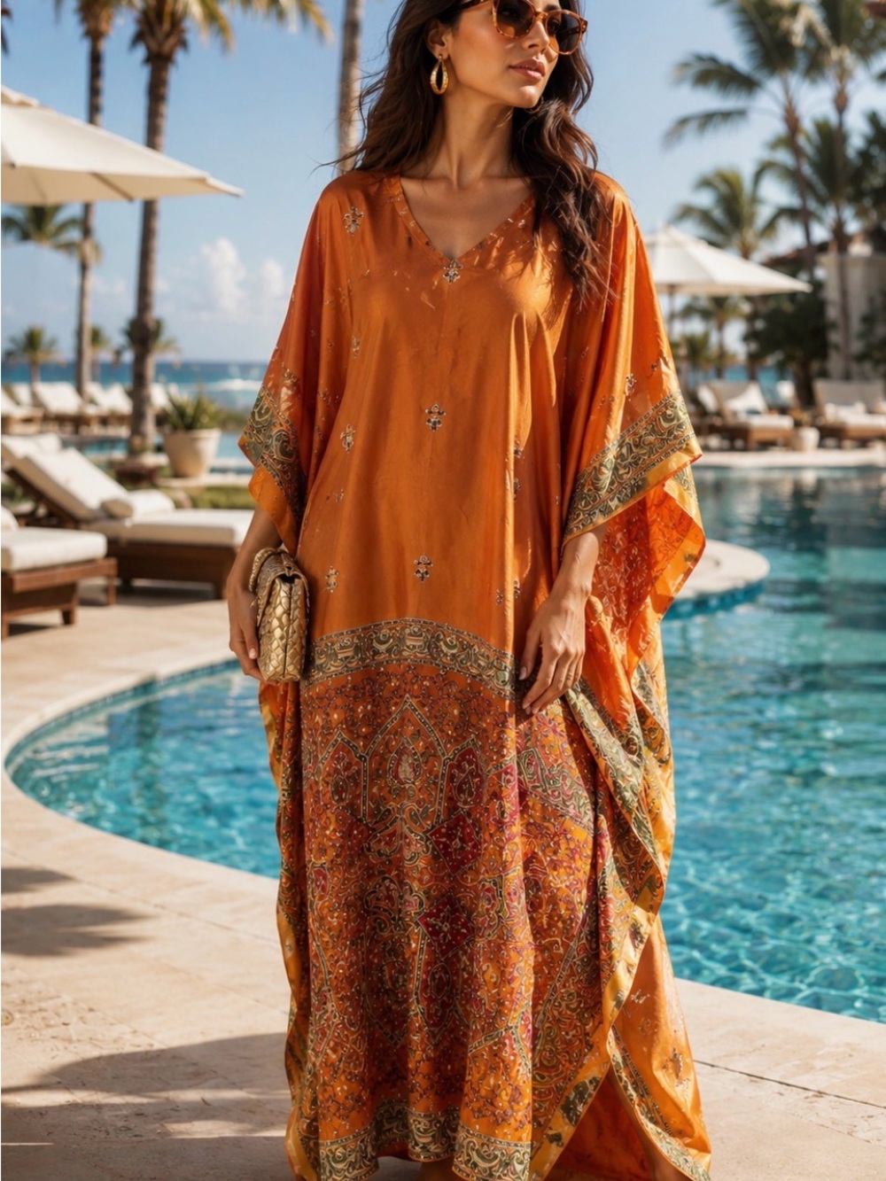 ❤️ Anthony Mark Hankins Collection Orange Embellished Caftan Cover Up One Size
